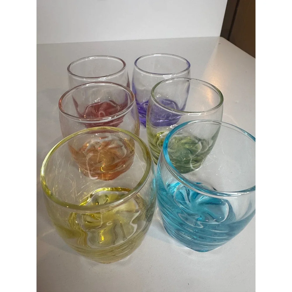 Vintage Colored Swirl Bottom‎ Shot Glasses Set Rainbow Hand Blown Style Barware
